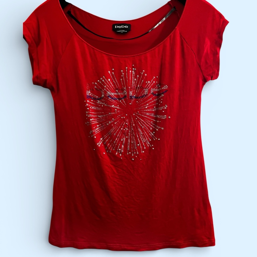 Bebe Red Sparkle Short Sleeve Top
